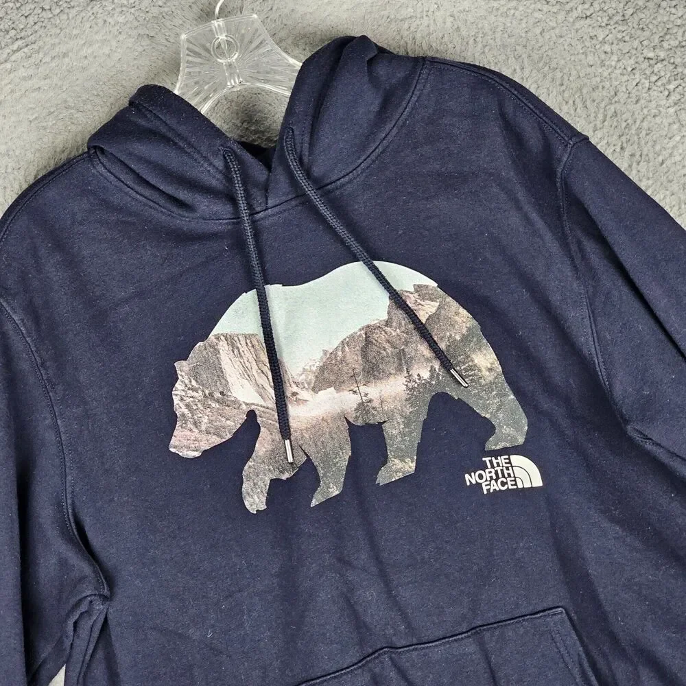 The North Face Fleece Hoodie Size Medium Blue Mountain Grizzly Bear Pullover